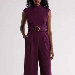Calvin Klein Scuba Mock Neck Belted Wide Leg Cropped Jumpsuit Size 14 Wine